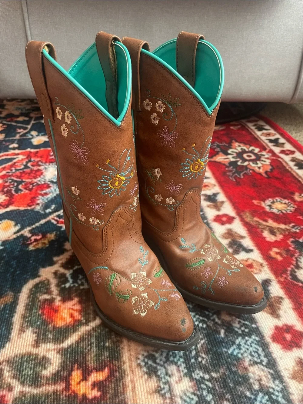 Shyanne Brown Embroidered Western Boots with Turquoise Lining